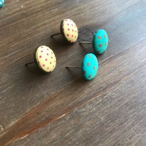 Yellow and teal polka dot stud earrings